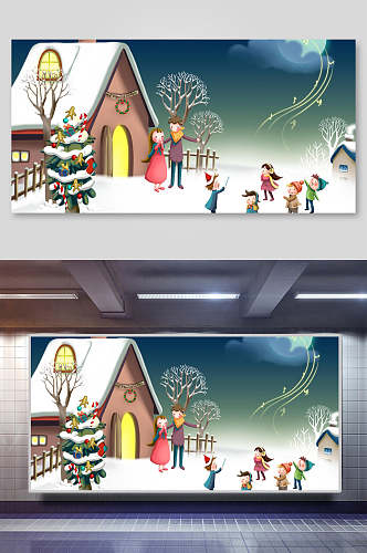 创意下雪圣诞树圣诞节插画