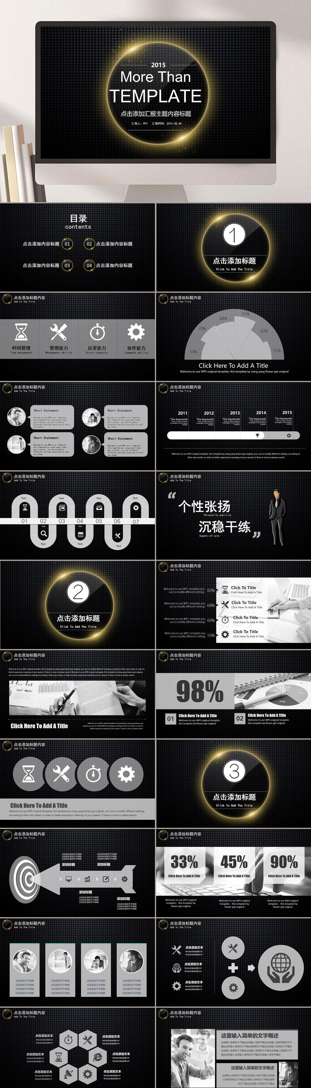 发光黑金大气高端英文工作总结PPT素材