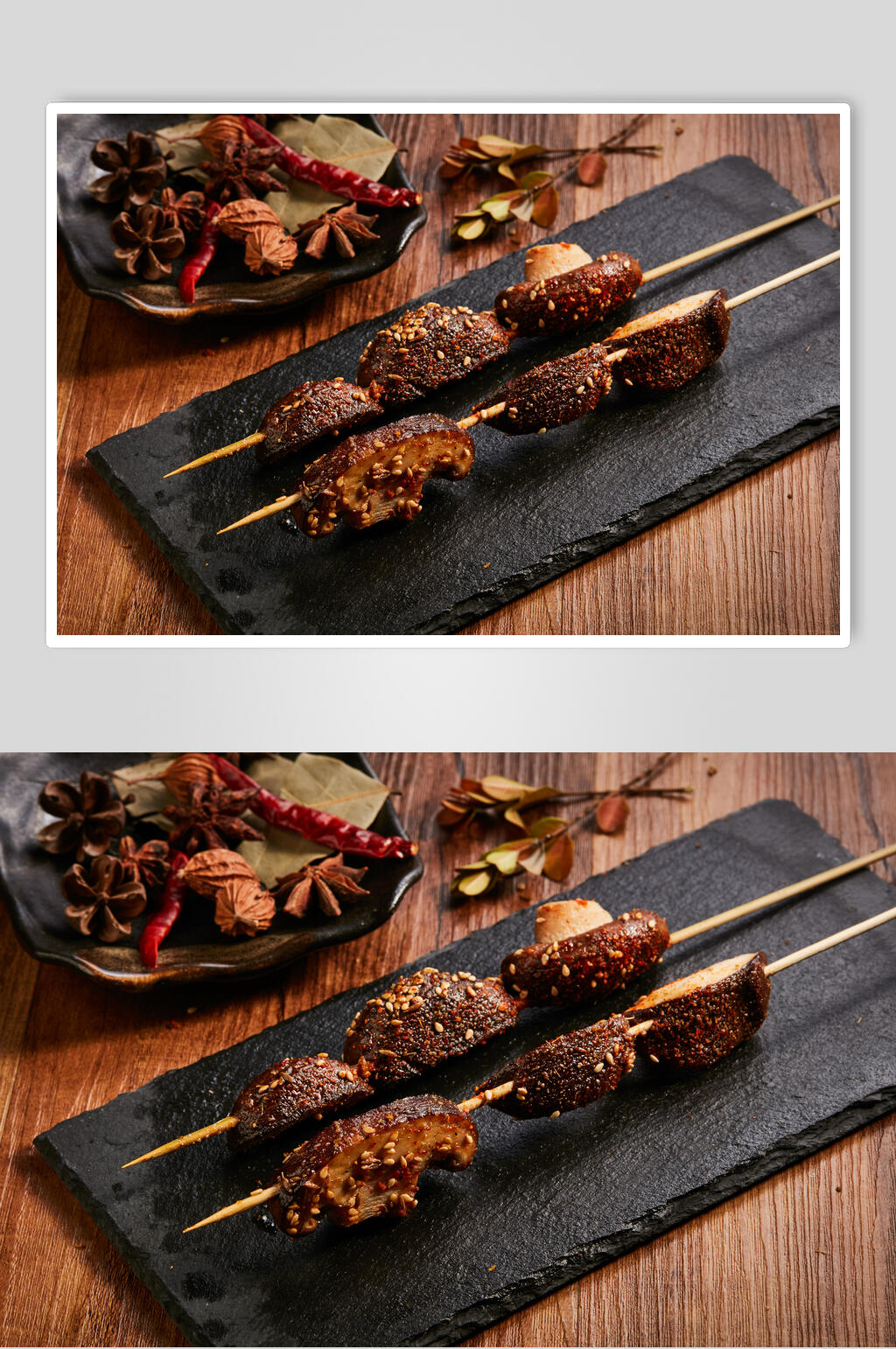 两串烤香菇烧烤美食高清图片素材