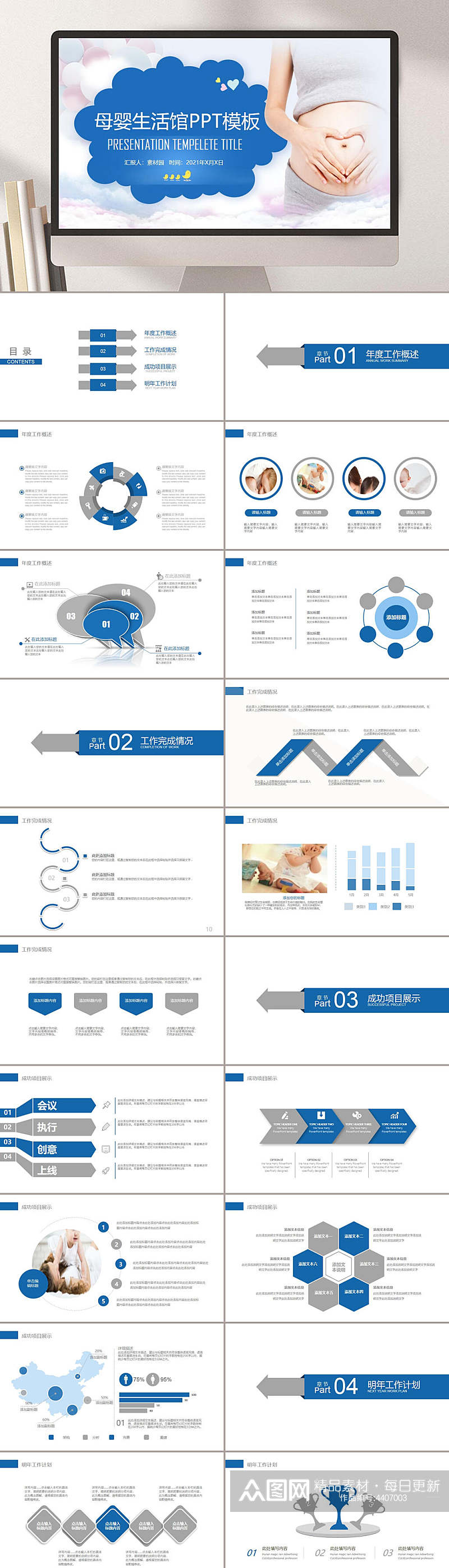 云朵蓝色大气高端母婴孕妇生育PPT素材