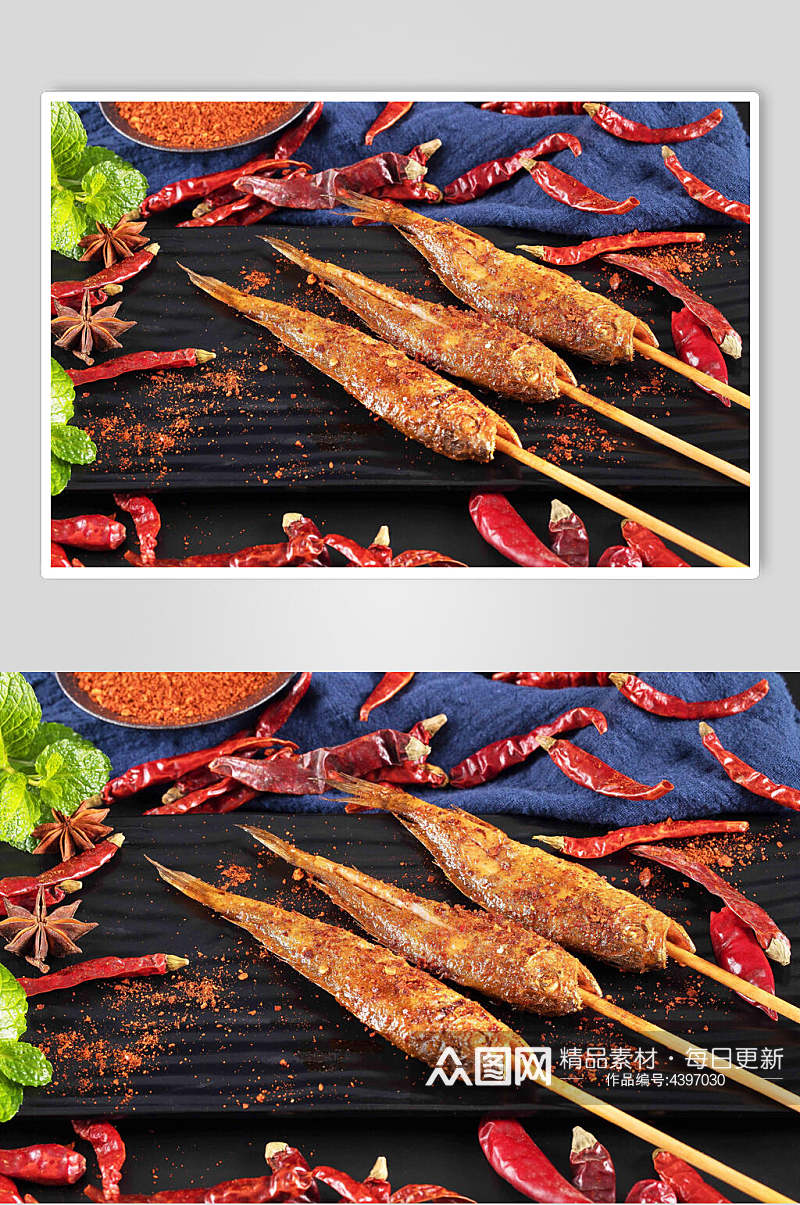 三条小烤鱼烧烤美食高清图片素材