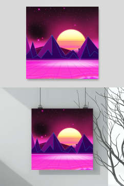 紫黄山峰简约手绘蒸汽波太阳素材