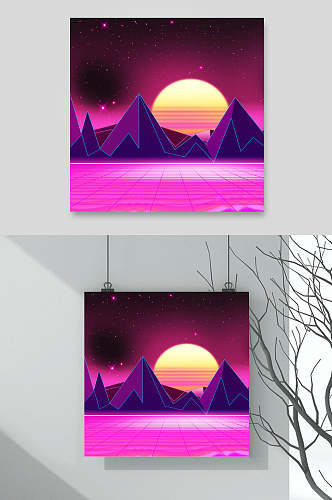 紫黄山峰简约手绘蒸汽波太阳素材