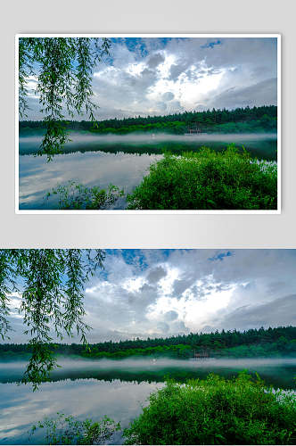 绿色森林湖二道白河小镇风光摄影图片