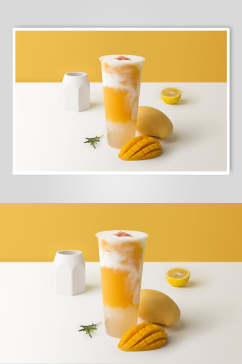 芒果粒黄奶茶果汁创意摆拍图片