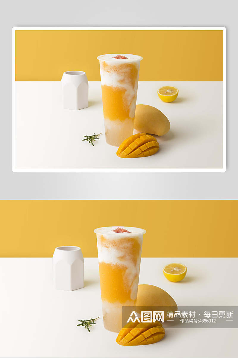 芒果粒黄奶茶果汁创意摆拍图片素材