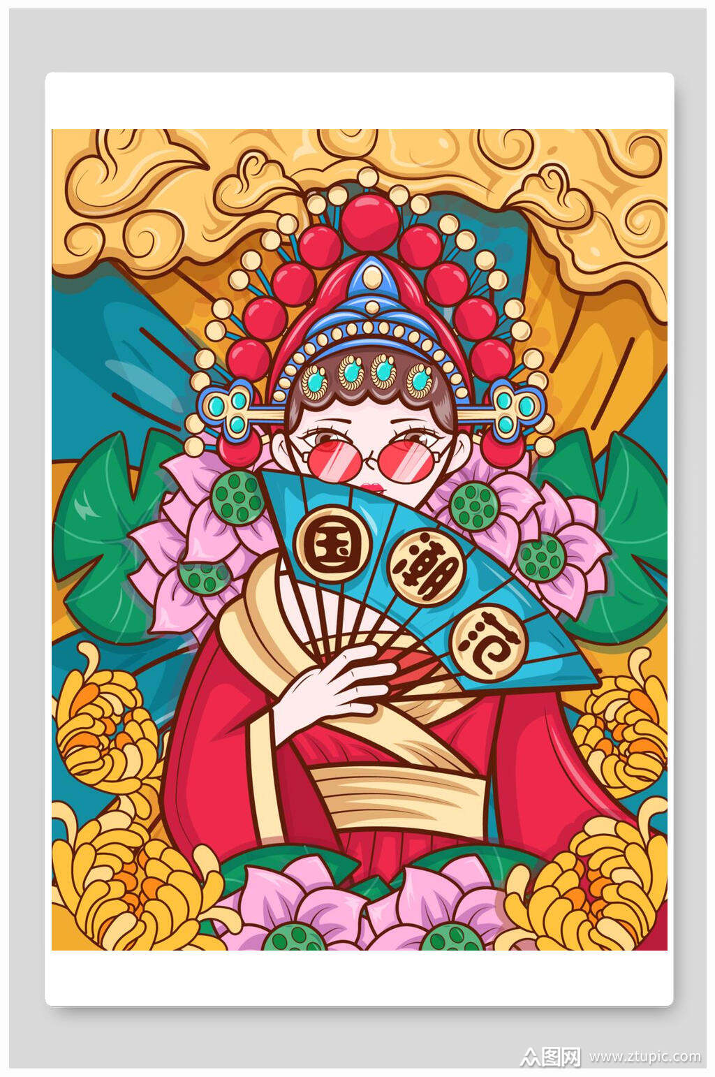 大气花朵国潮风戏曲脸谱插画素材