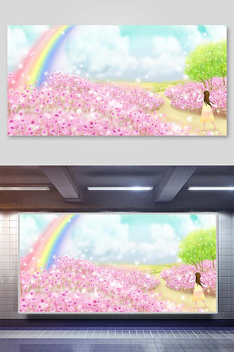 彩虹花朵树叶云朵春季梦幻背景