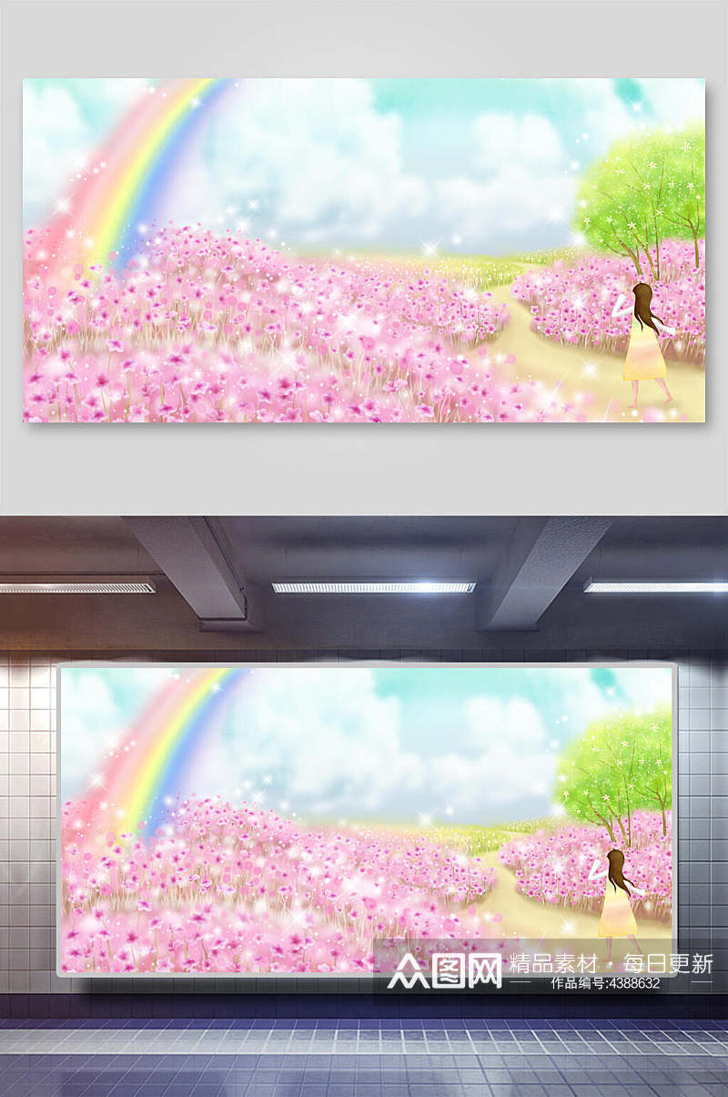 彩虹花朵树叶云朵春季梦幻背景素材