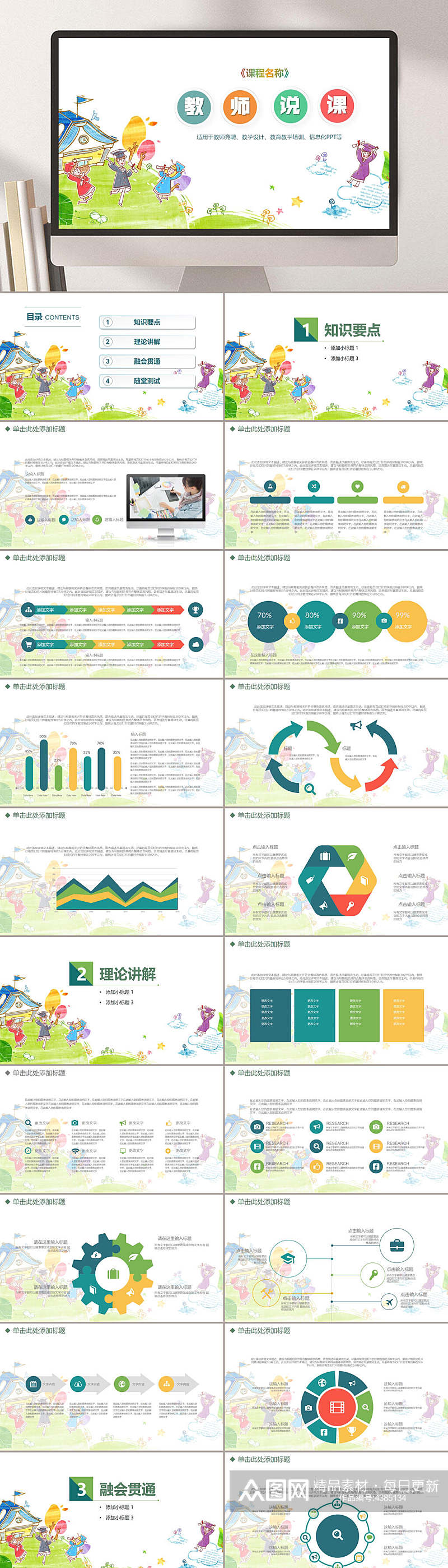 绿色卡通教师说课教学课件PPT素材