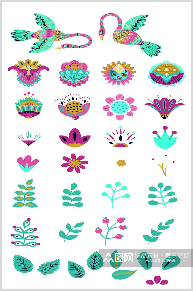 花朵植物简约绿紫纹饰图案矢量素材素材