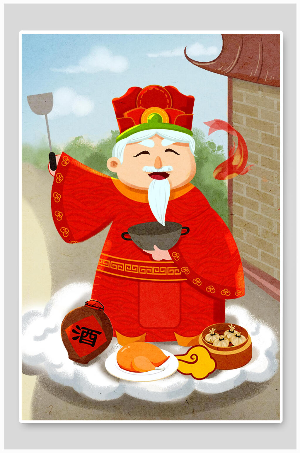创意烤鸡祥云新年财神插画素材