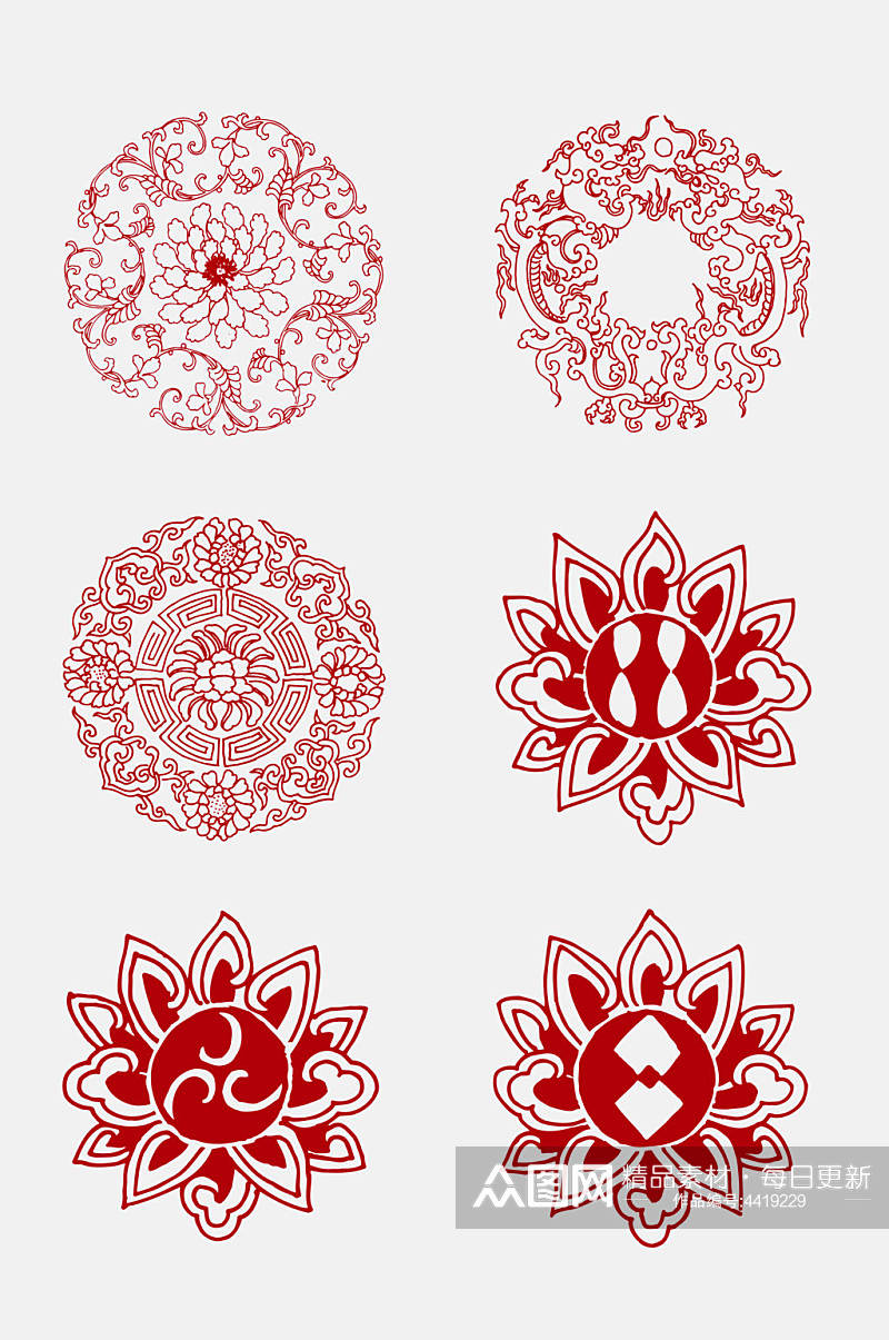 红色花朵古风图腾花纹图案免抠素材素材