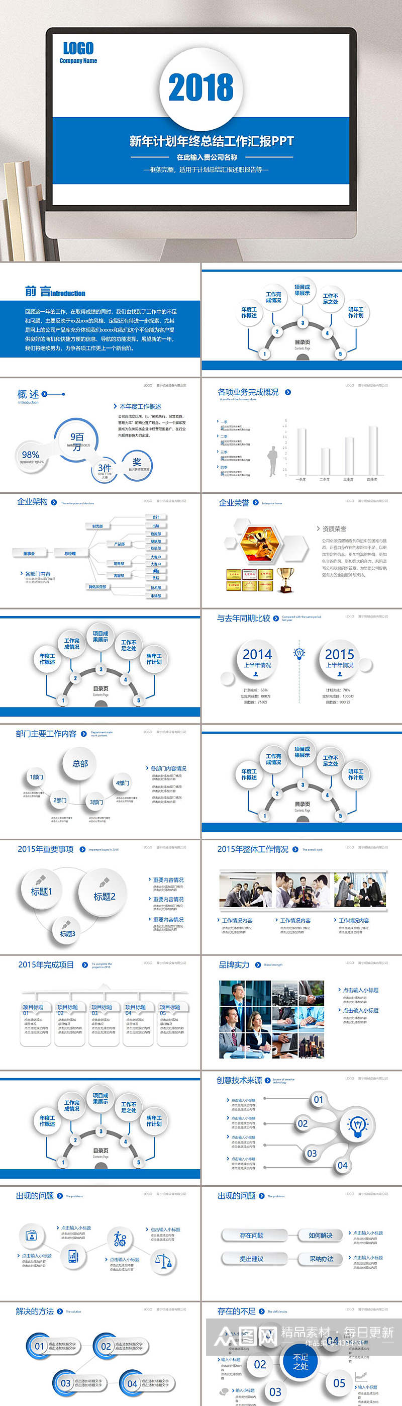 新年计划蓝白清新商务工作总结PPT素材