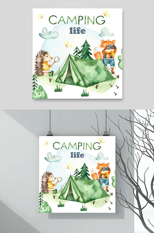 帐篷手绘绿色清新简约森林小熊素材