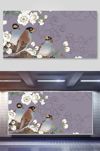 创意花朵鸟吉祥图案传统插画