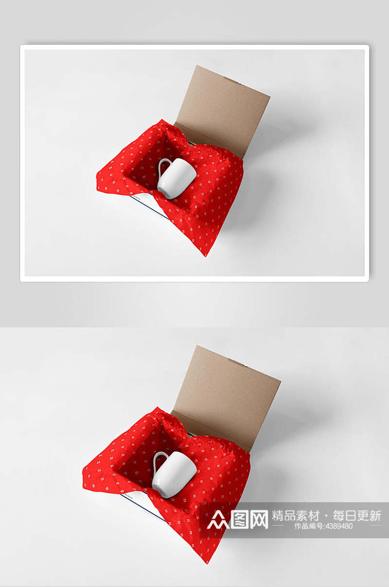 布垫茶杯立体红纸盒包装盒样机素材