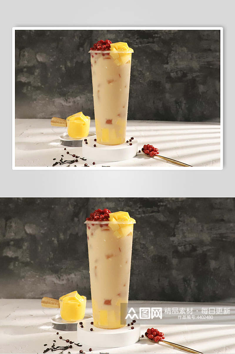 芒果粒美味果汁奶茶摄影图片素材