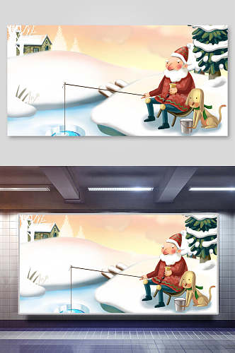 创意冬钓鱼圣诞节插画