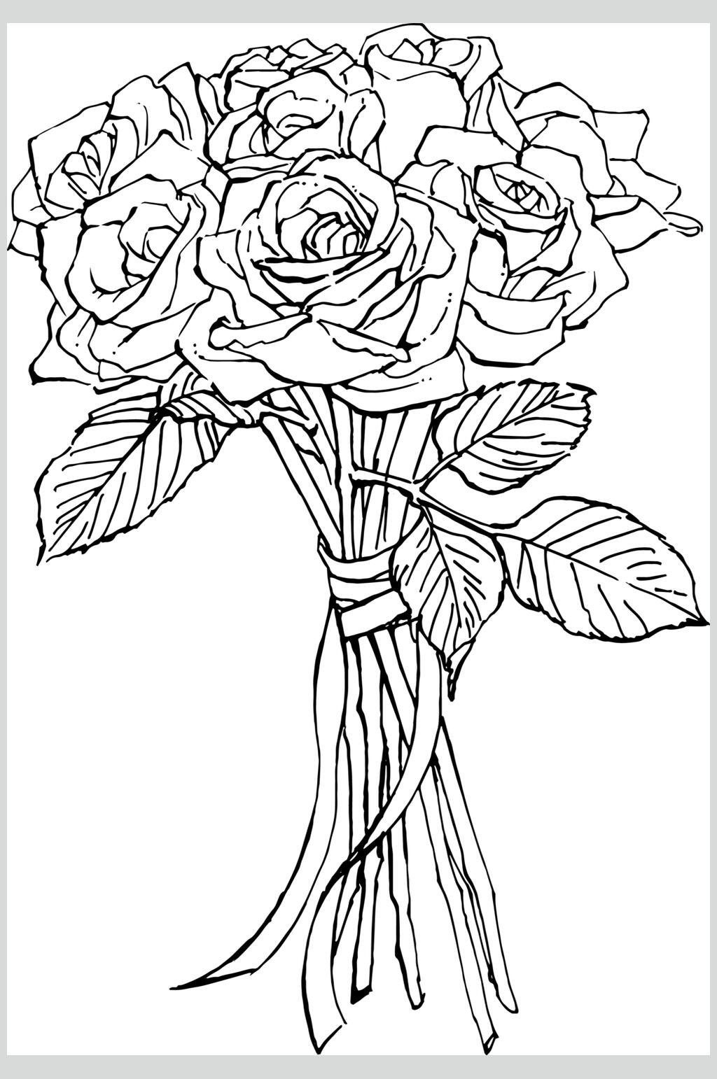 玫瑰花束手绘黑白图片