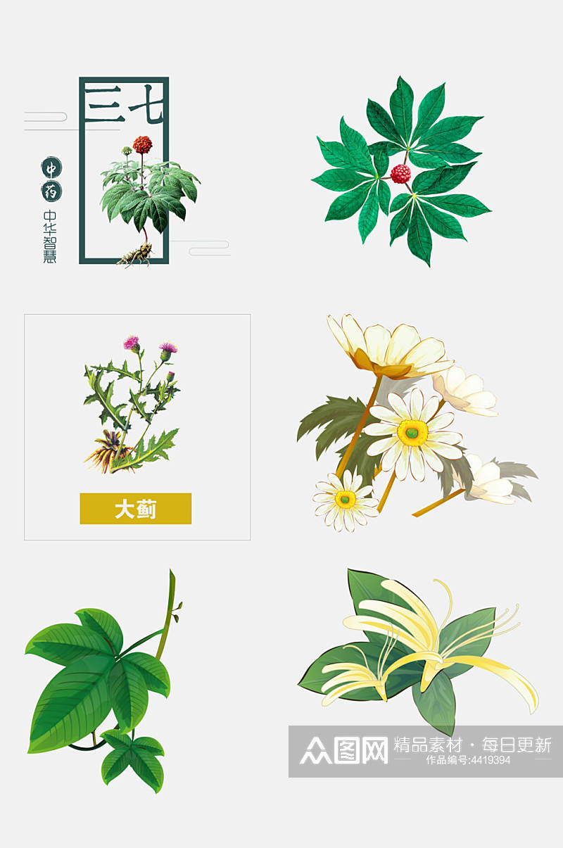 绿叶花朵彩绘草本植物免抠素材素材