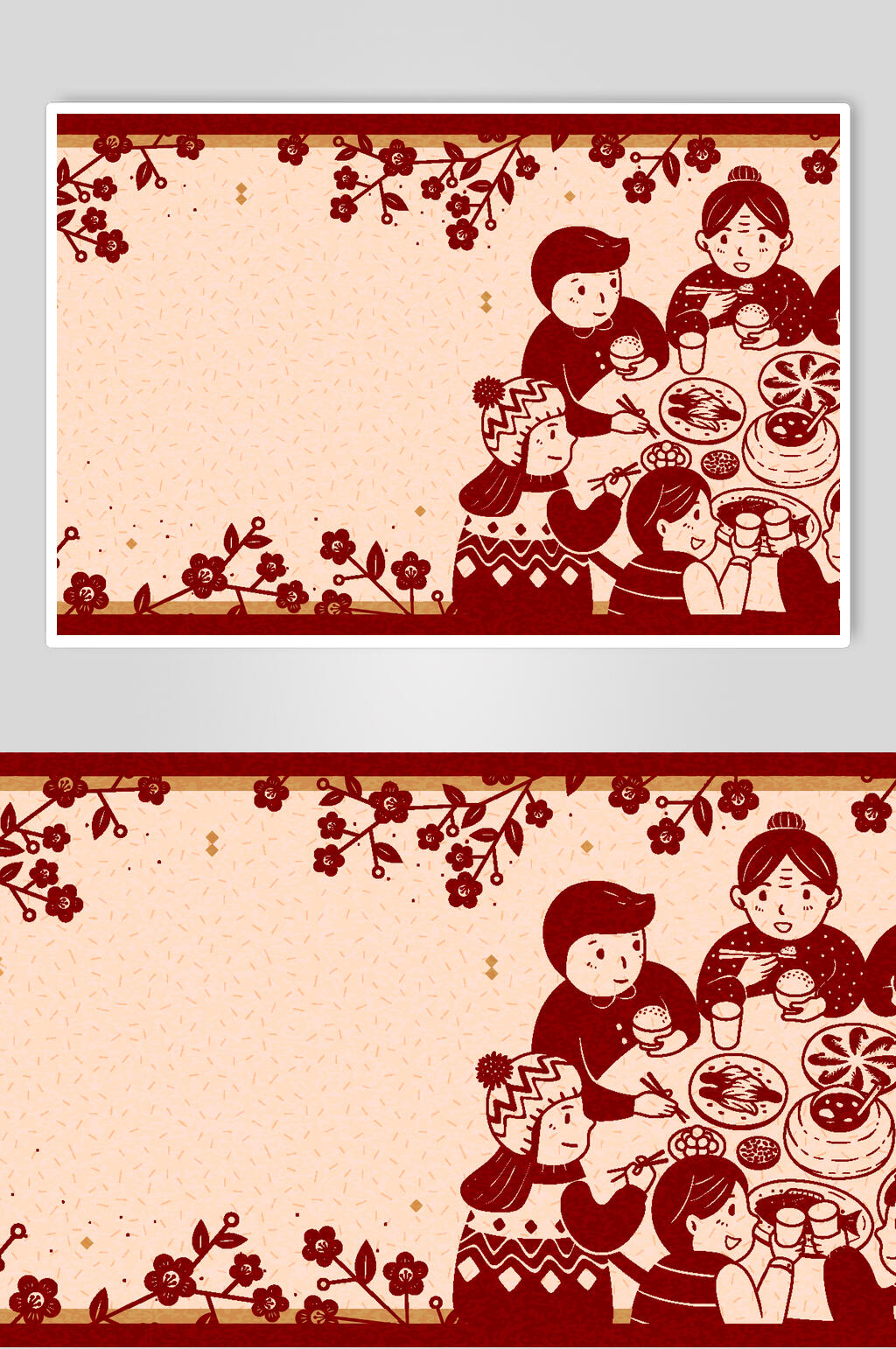红色花朵年夜饭春节矢量插画素材素材