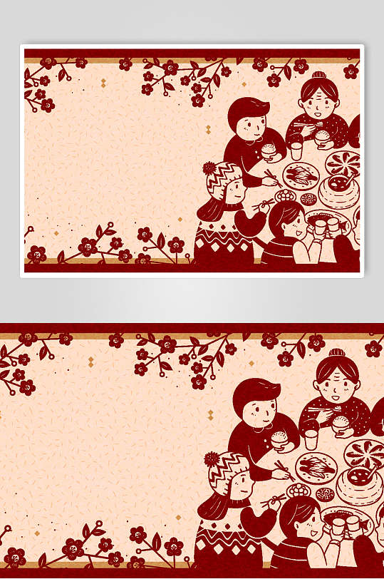 红色花朵年夜饭春节矢量插画素材