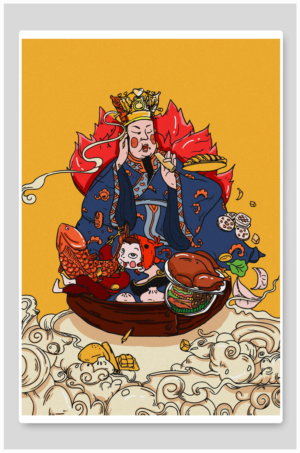 黄色金鱼祥云新年财神插画素材