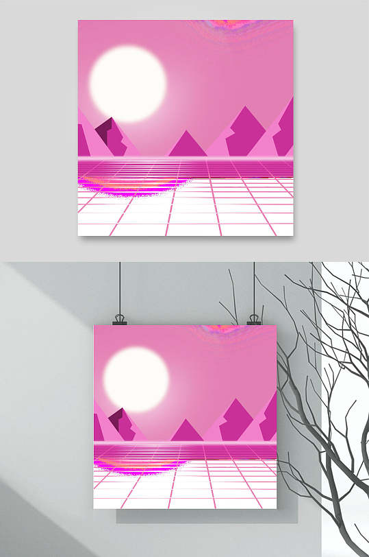 紫色圆形简约线条蒸汽波太阳素材