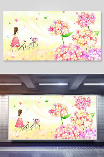 单车花朵背影大气高端春季梦幻背景