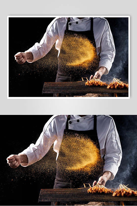 厨师挥洒香料烤肉串美食图片