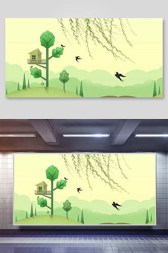 创意燕子树木春天春季背景素材