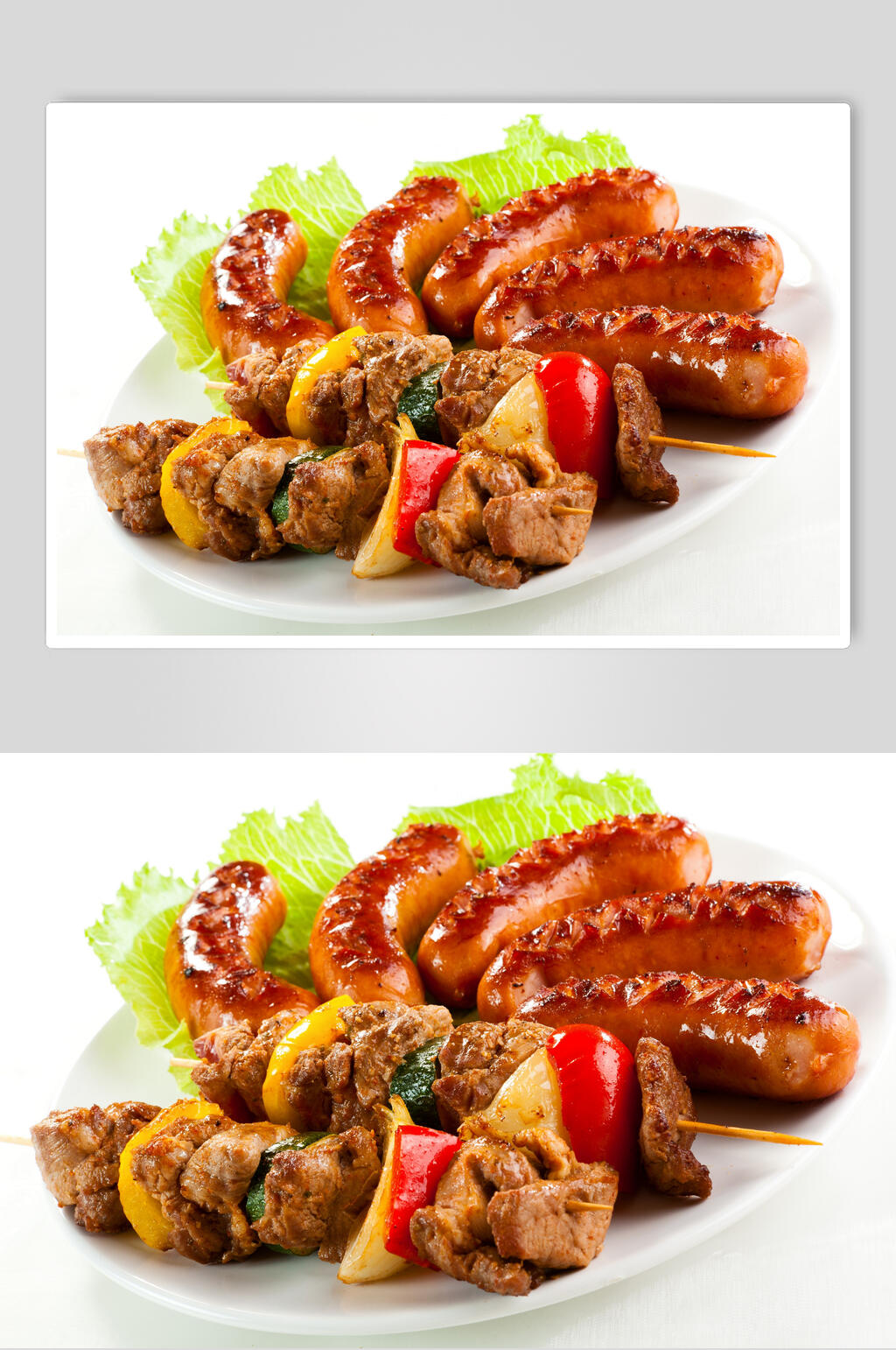 近景高清腊肠青菜烧烤串串图片素材