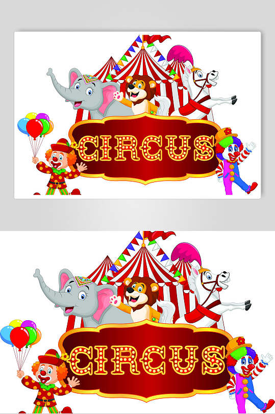 气球大象红色马戏团小丑矢量素材