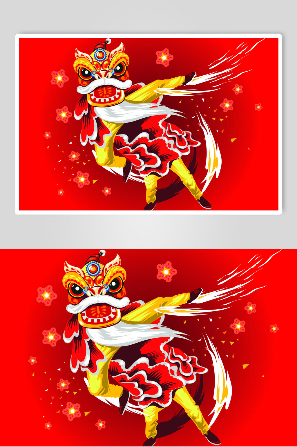 花朵红金简约新年舞狮矢量插画素材素材