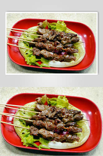 红色盘子竹签烤肉烧烤串串图片
