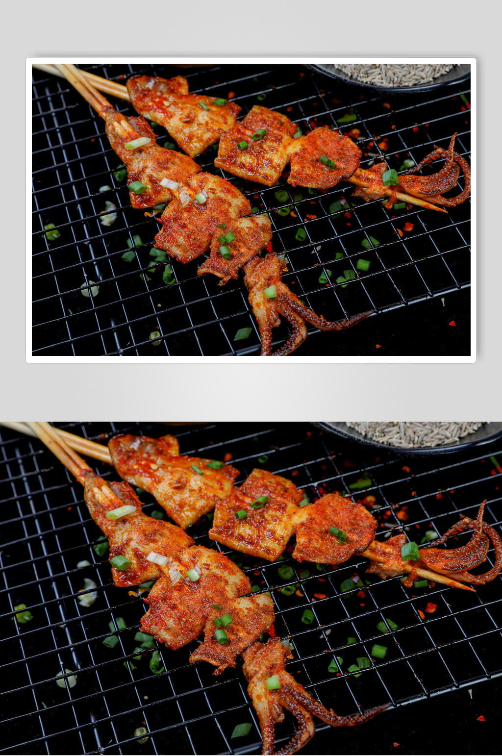 鱿鱼葱花铁架黑色烧烤美食图片素材