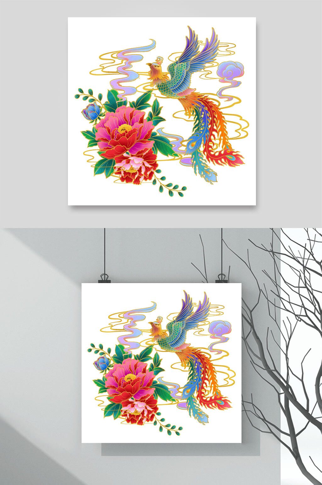 花朵大气祥云国潮凤凰插画素材素材