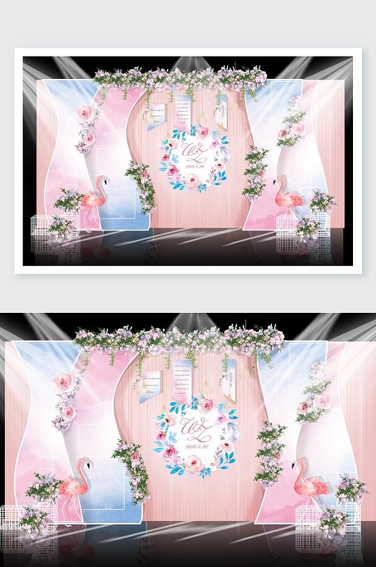 素雅植物粉简约火烈鸟婚礼舞美设计-众图网