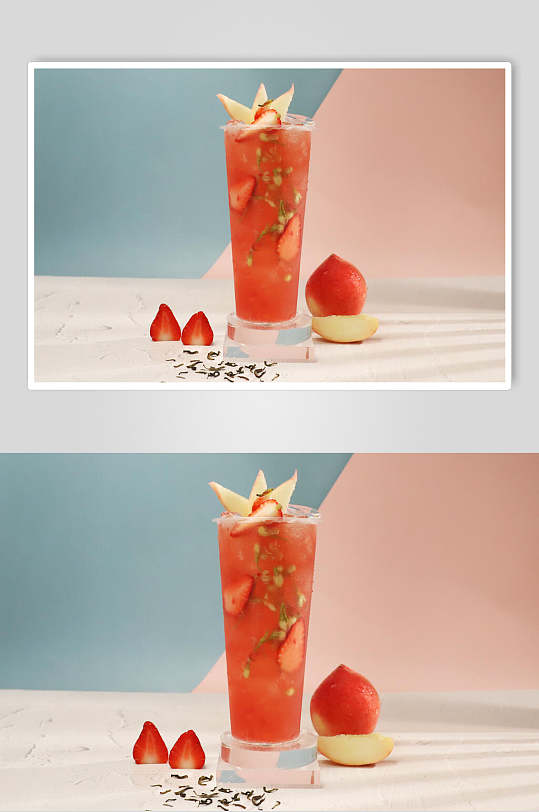 草莓水蜜桃饮品奶茶店摆拍图片