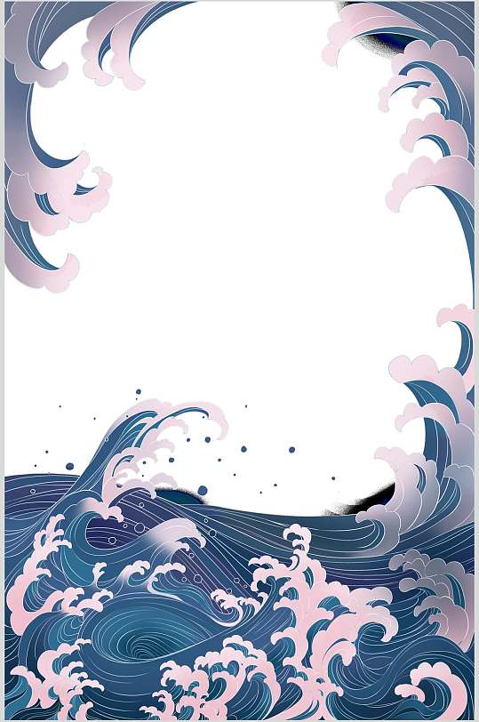蓝粉海浪简约手绘国潮风边框背景