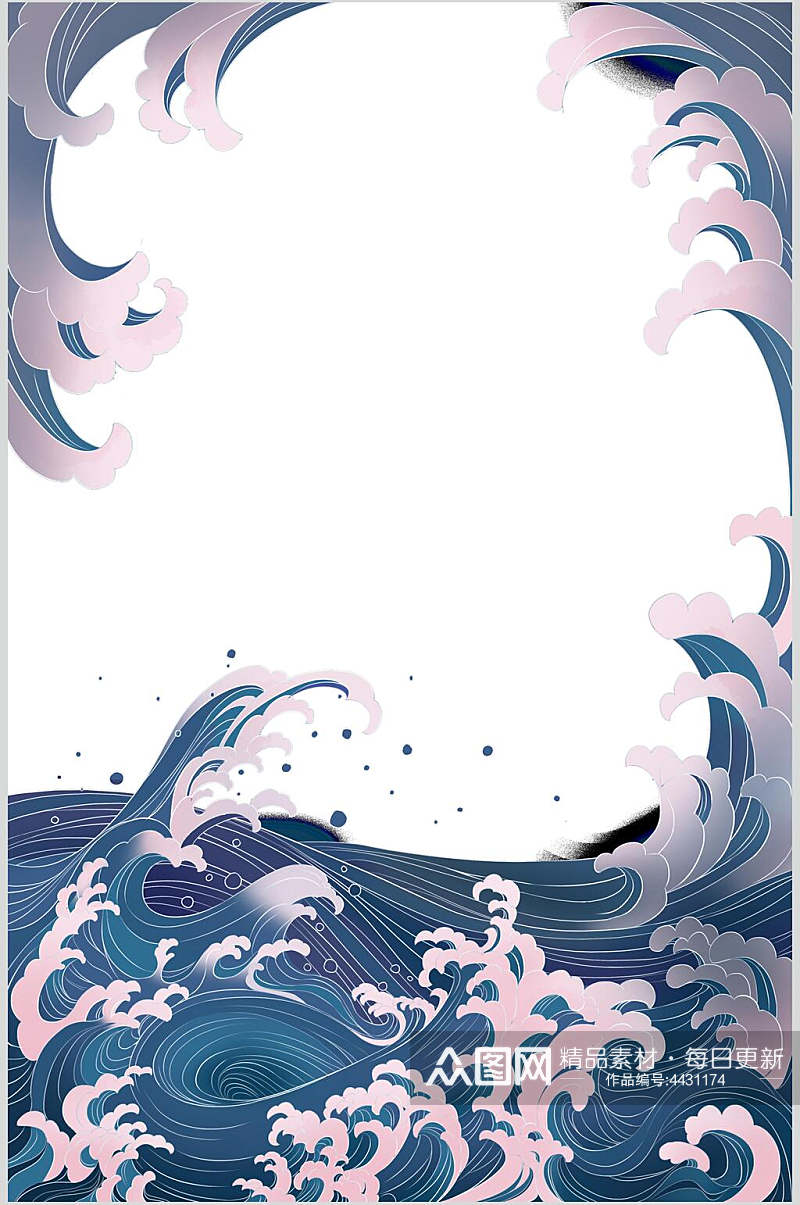 蓝粉海浪简约手绘国潮风边框背景素材