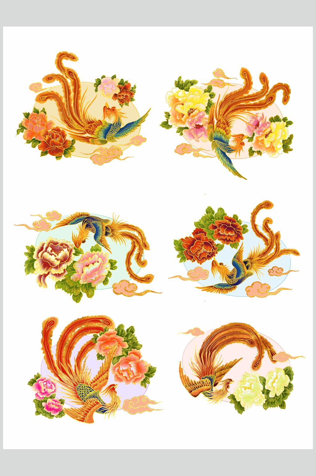 手绘卡通云鸟国潮凤凰插画素材素材