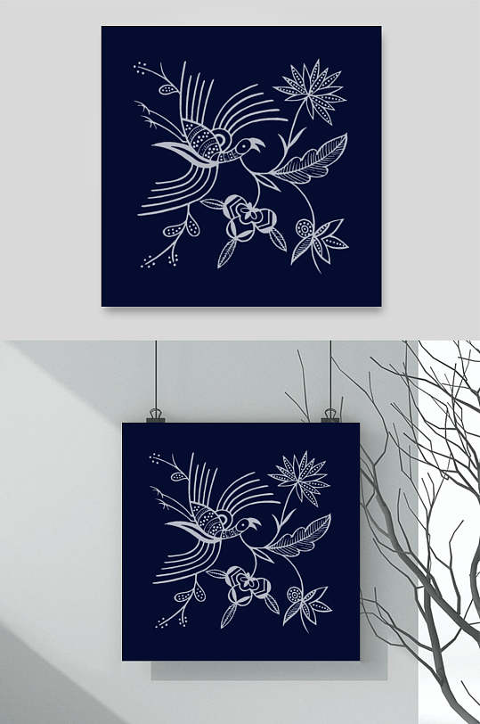 苗族蜡染小鸟和花图案矢量素材