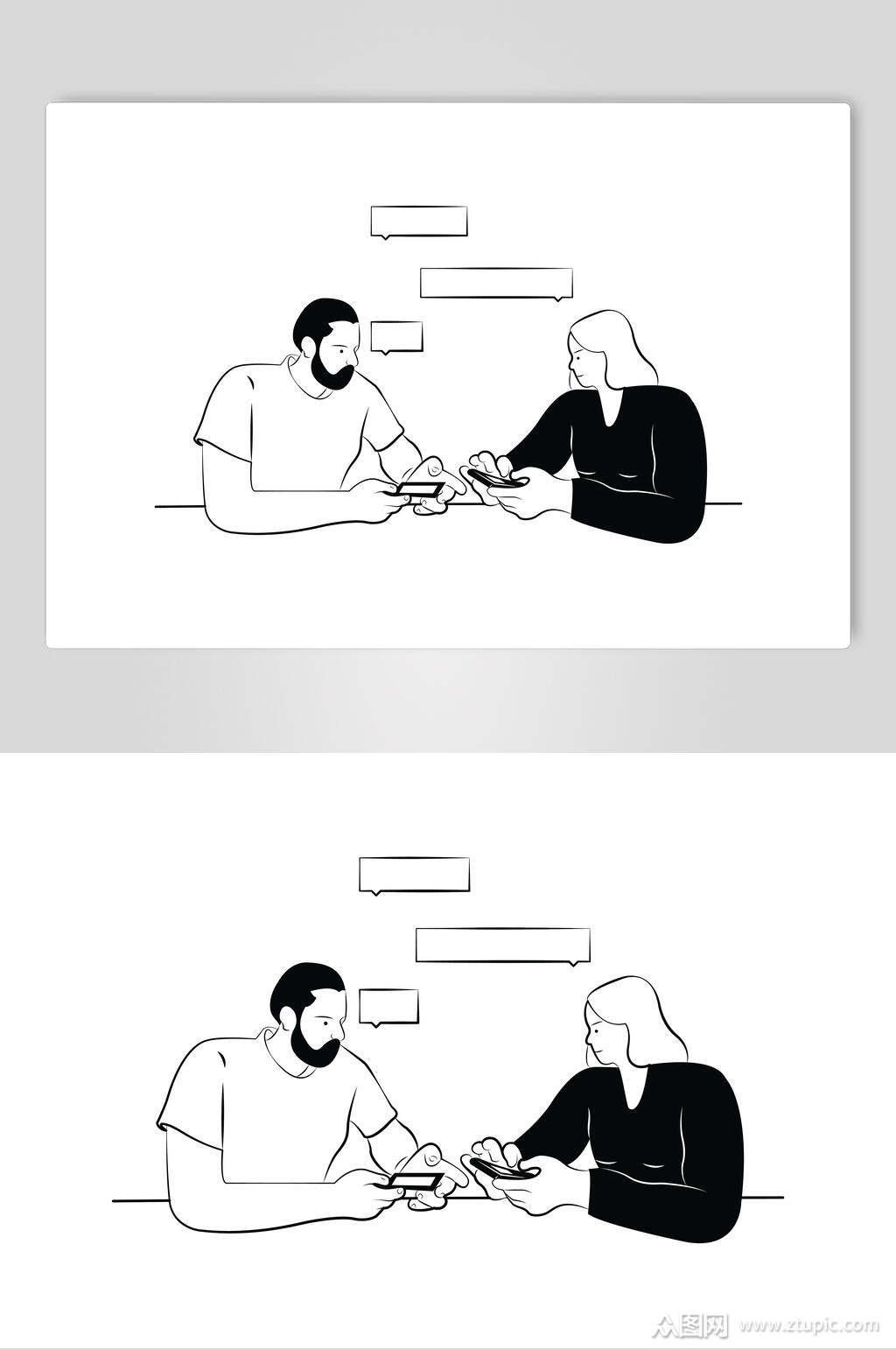 玩手机黑白线条人物矢量素材模板下载-编号4436948-众图网