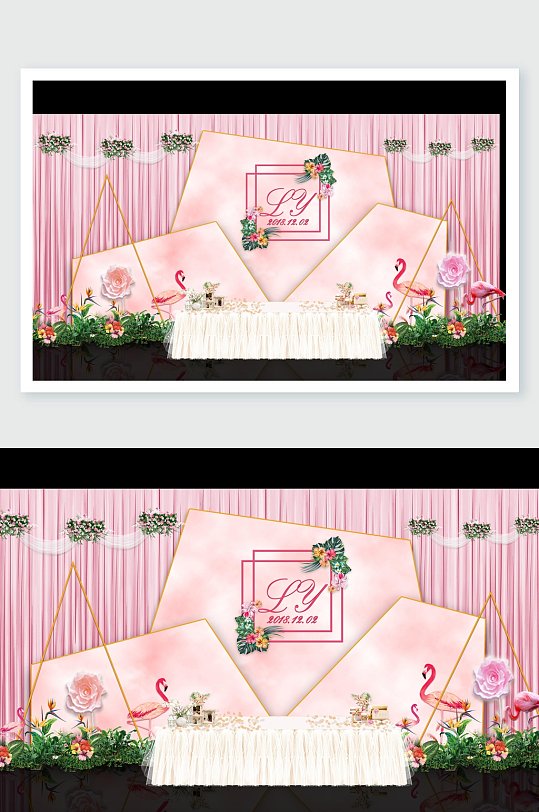 简约植物粉清新火烈鸟婚礼舞美设计-众图网