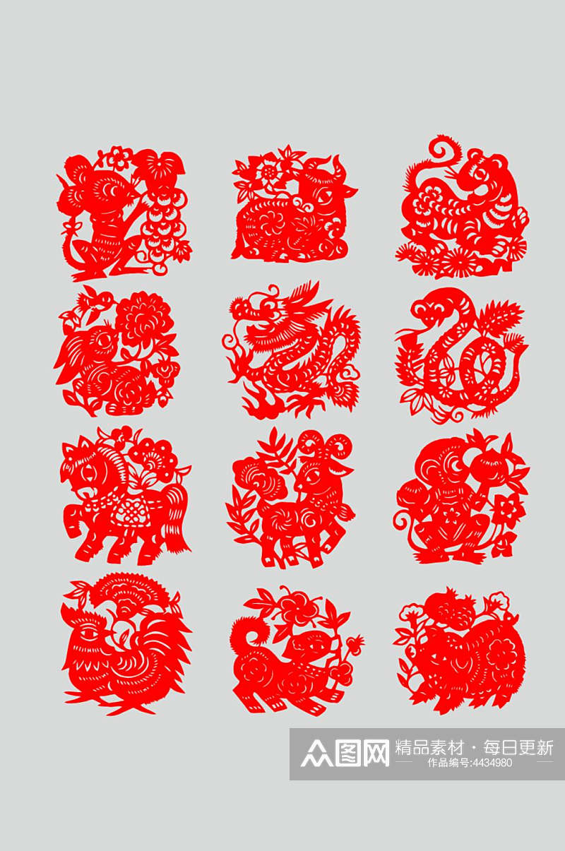 简约红色手绘矢量十二生肖剪纸素材素材