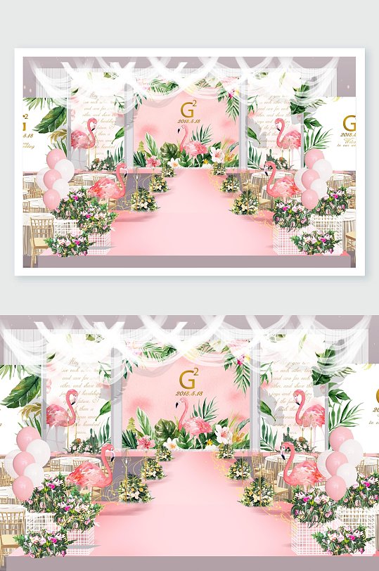 桌子粉绿大气火烈鸟婚礼舞美设计-众图网