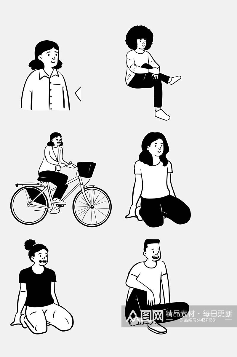 男人黑白自行车手绘人物插画免抠素材素材