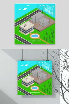 蓝绿树木手绘清新房屋建筑矢量素材